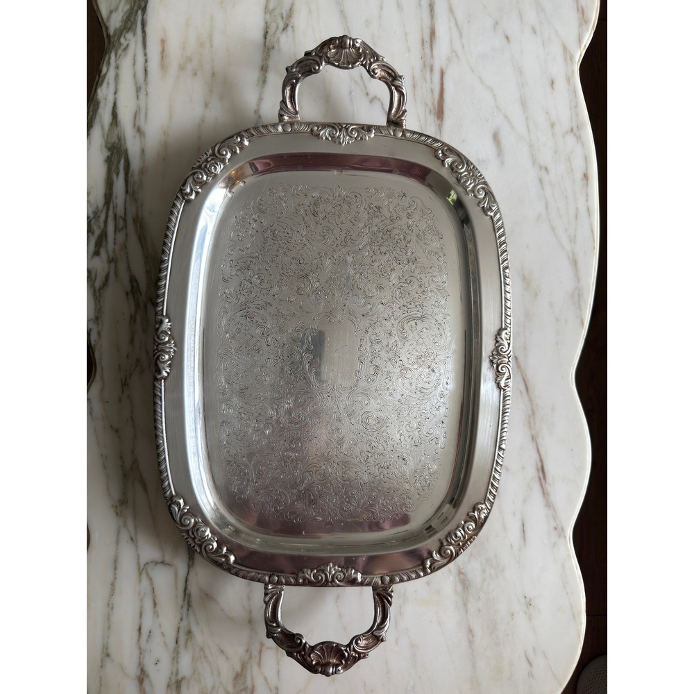 Vintage Silver Plated Etched Serving Tray with Handles and Feet Floral Scroll